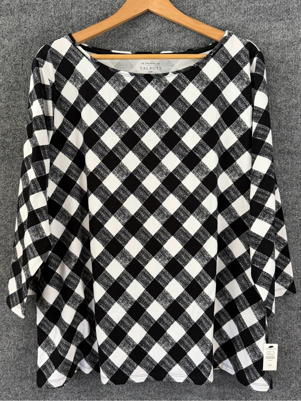 Talbots Tee Womens 3X Black White Gingham 3/4 Sleeve Cotton Stretch Casual NWT